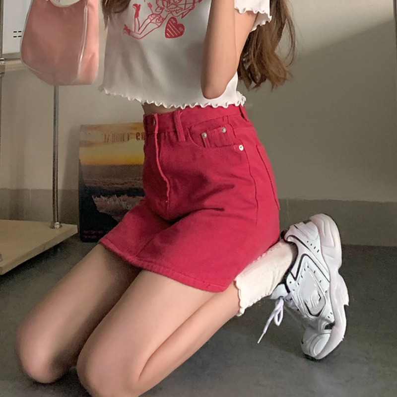 高腰牛仔短裙女夏年新款時尚韓版顯瘦包臀裙子紅色a字半身裙-細節圖7