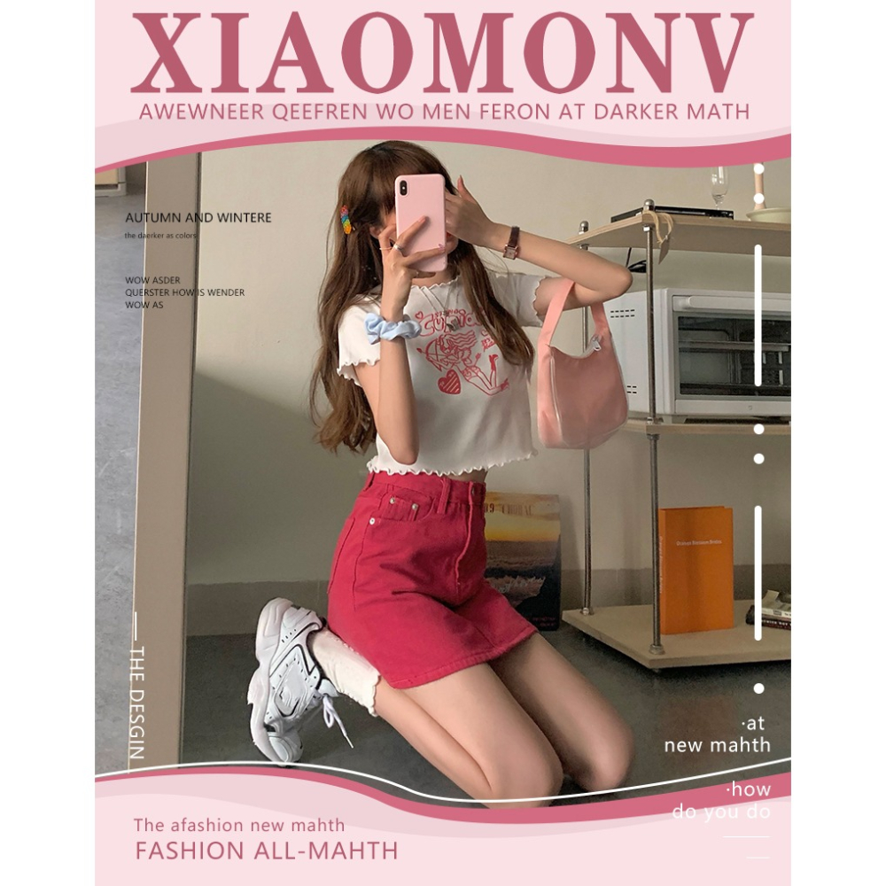 高腰牛仔短裙女夏年新款時尚韓版顯瘦包臀裙子紅色a字半身裙-細節圖9