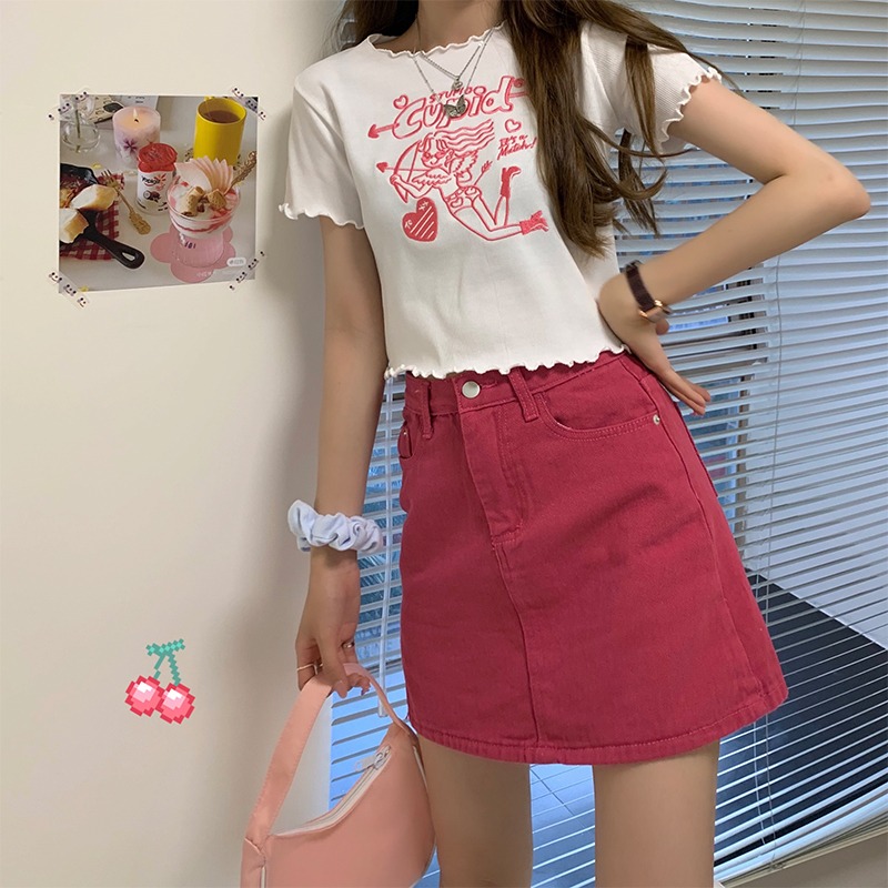 高腰牛仔短裙女夏年新款時尚韓版顯瘦包臀裙子紅色a字半身裙-細節圖10