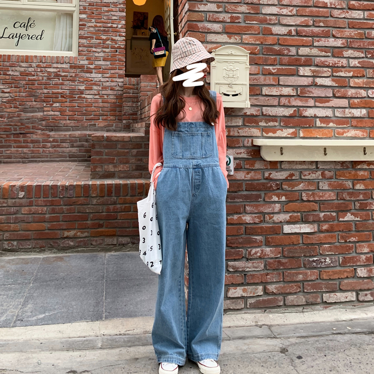 春秋韓版寬松鹽系闊腿牛仔背帶褲復古港味女夏薄款吊帶褲子連體褲-細節圖2