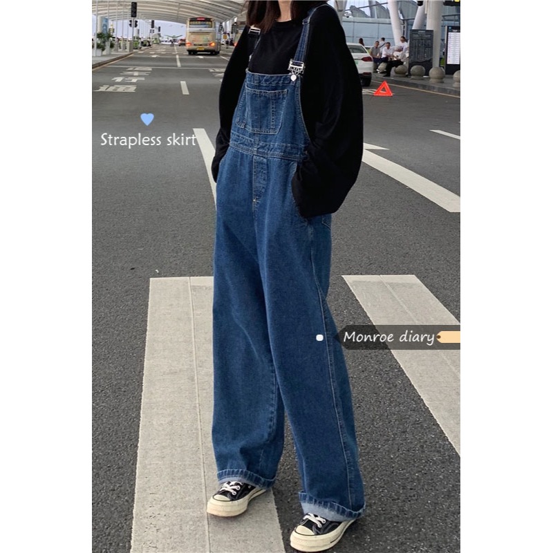 春秋韓版寬松鹽系闊腿牛仔背帶褲復古港味女夏薄款吊帶褲子連體褲-細節圖6