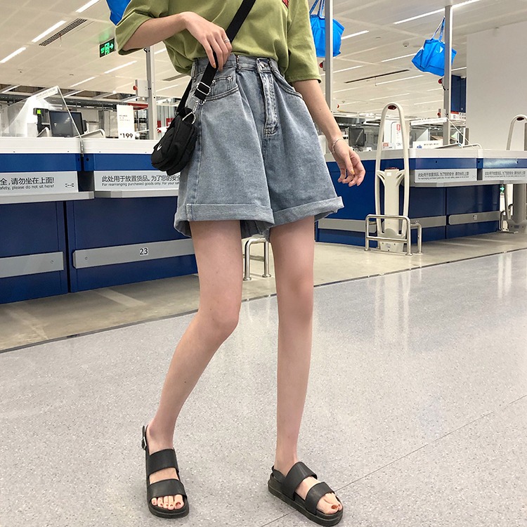 五分褲女直筒港味夏寬松bf風中褲大碼胖mm闊腿高腰卷邊牛仔短褲潮-細節圖2