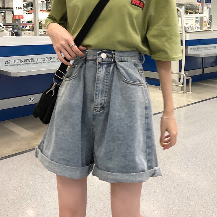 五分褲女直筒港味夏寬松bf風中褲大碼胖mm闊腿高腰卷邊牛仔短褲潮-細節圖3