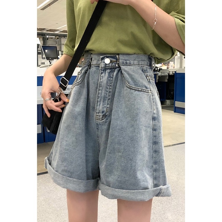 五分褲女直筒港味夏寬松bf風中褲大碼胖mm闊腿高腰卷邊牛仔短褲潮-細節圖5