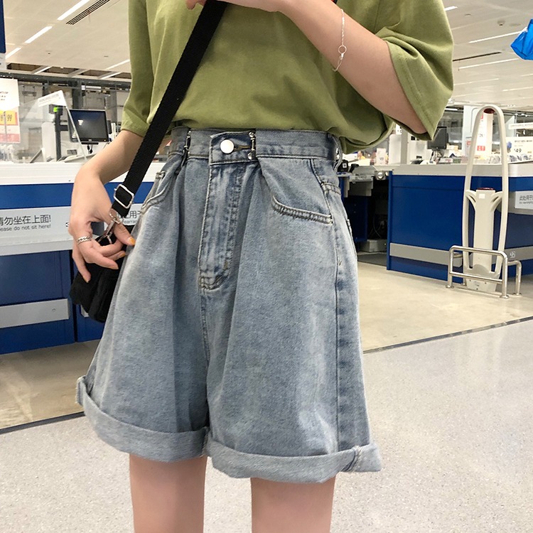 五分褲女直筒港味夏寬松bf風中褲大碼胖mm闊腿高腰卷邊牛仔短褲潮-細節圖6