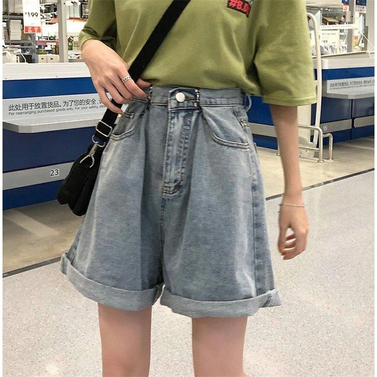 五分褲女直筒港味夏寬松bf風中褲大碼胖mm闊腿高腰卷邊牛仔短褲潮-細節圖10