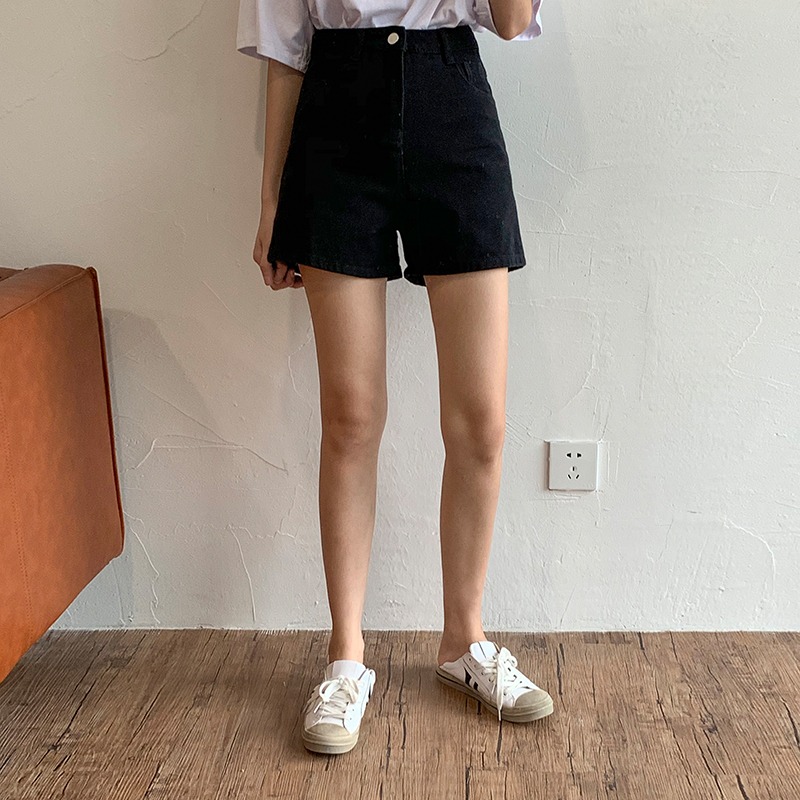 黑色牛仔短褲女寬松韓版夏季新款高腰學生休閑闊腿褲百搭熱褲-細節圖3