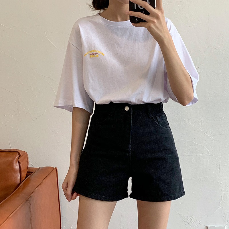 黑色牛仔短褲女寬松韓版夏季新款高腰學生休閑闊腿褲百搭熱褲-細節圖4