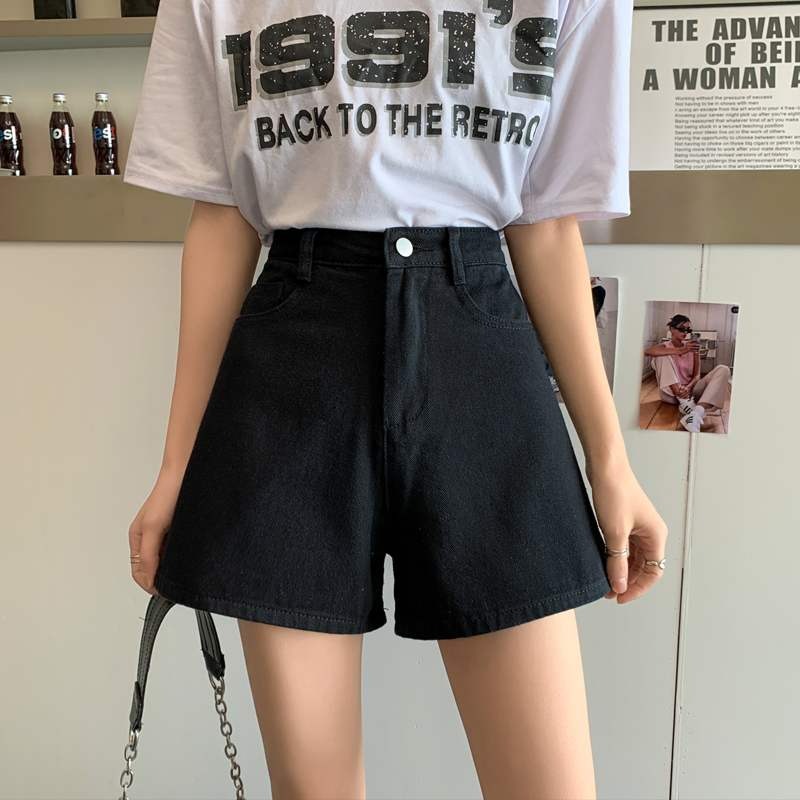 黑色牛仔短褲女寬松韓版夏季新款高腰學生休閑闊腿褲百搭熱褲-細節圖5