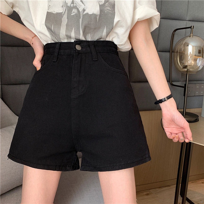 黑色牛仔短褲女寬松韓版夏季新款高腰學生休閑闊腿褲百搭熱褲-細節圖7