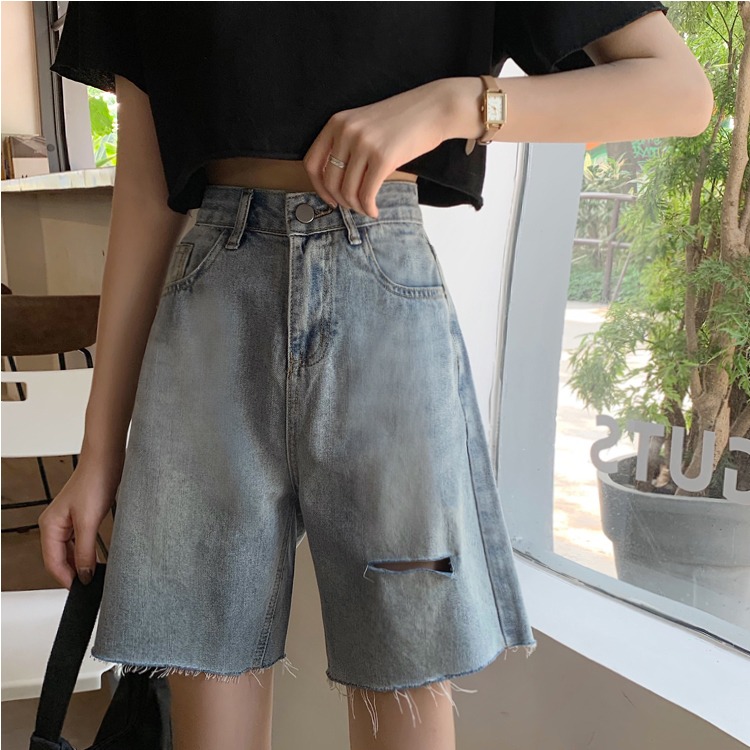 牛仔短褲女新款破洞春季高腰直筒寬松港味褲子潮ins風五分褲-細節圖8