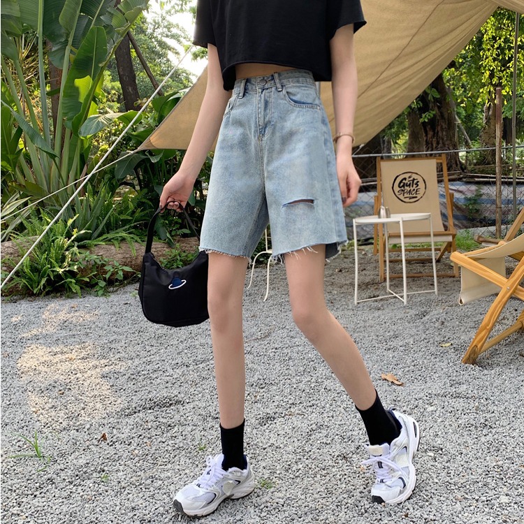 牛仔短褲女新款破洞春季高腰直筒寬松港味褲子潮ins風五分褲-細節圖10