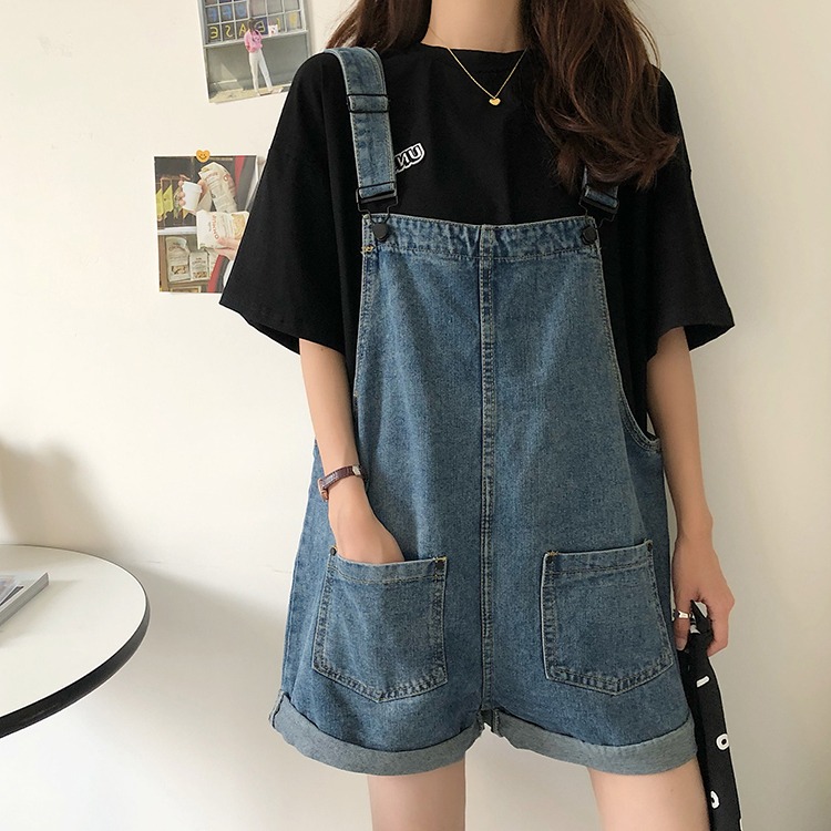 胖妹妹大碼短褲女夏季200斤牛仔背帶褲寬松韓版學生薄款顯瘦新款-細節圖3