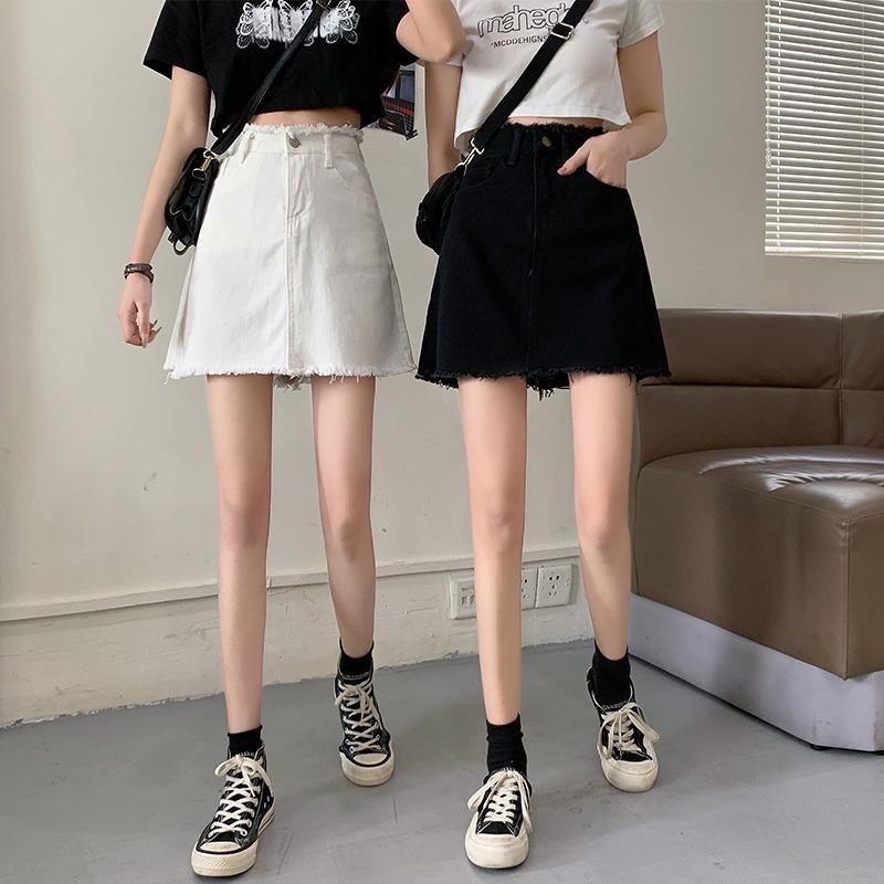 年夏季高腰毛邊牛仔短裙女A字大碼胖MM包臀半身裙子黑色百搭-細節圖3