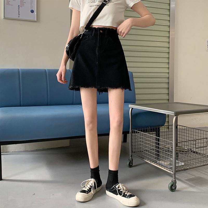 年夏季高腰毛邊牛仔短裙女A字大碼胖MM包臀半身裙子黑色百搭-細節圖4