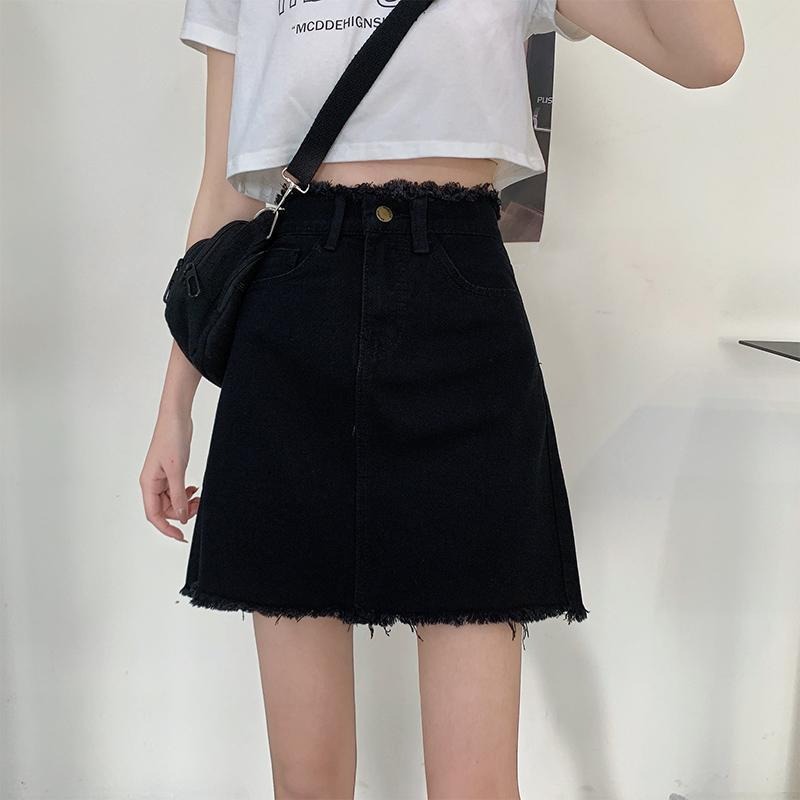 年夏季高腰毛邊牛仔短裙女A字大碼胖MM包臀半身裙子黑色百搭-細節圖6