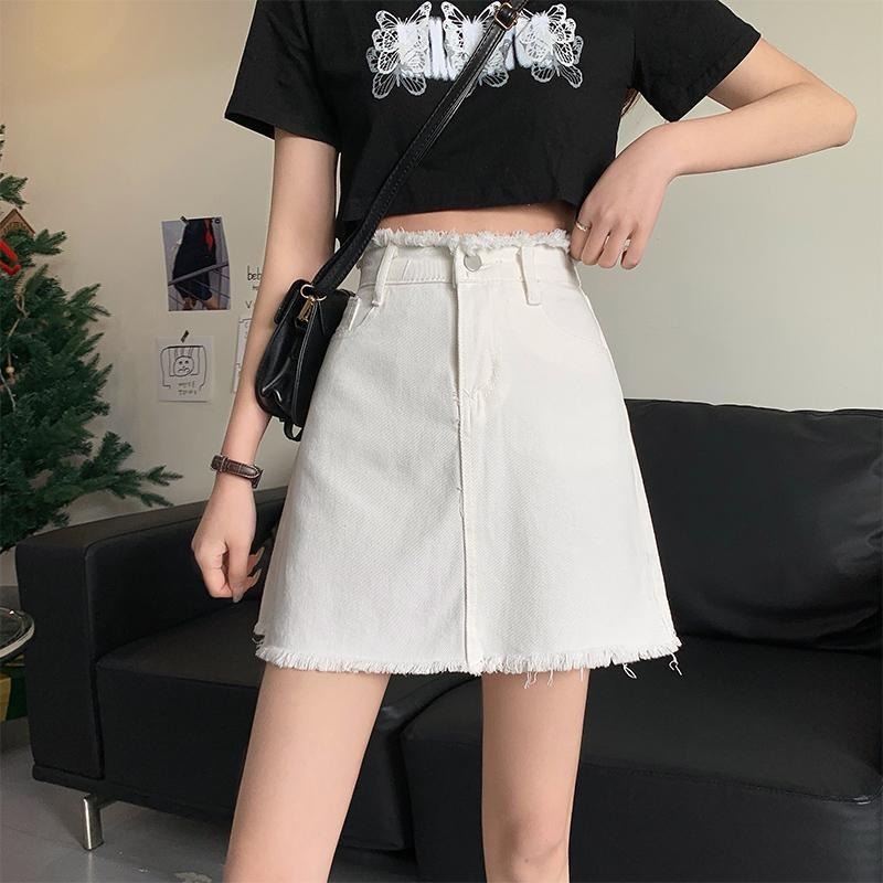 年夏季高腰毛邊牛仔短裙女A字大碼胖MM包臀半身裙子黑色百搭-細節圖7