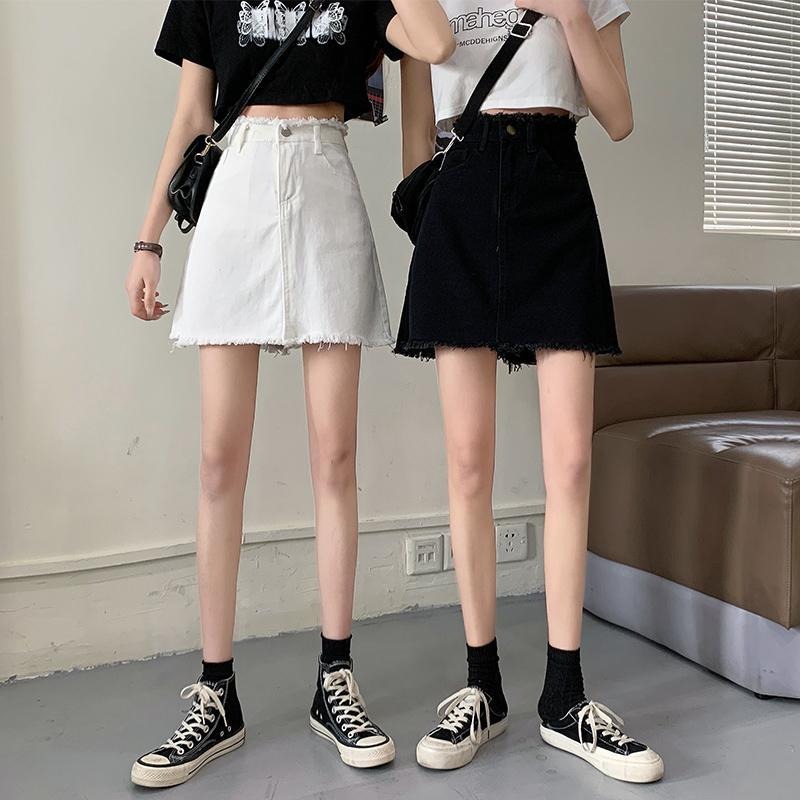 年夏季高腰毛邊牛仔短裙女A字大碼胖MM包臀半身裙子黑色百搭-細節圖10
