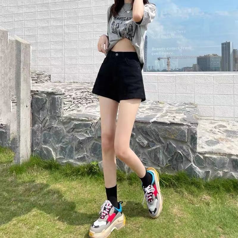 黑色高腰牛仔短褲女夏新款寬松闊腿顯瘦a字熱褲子辣妹風ins潮-細節圖2