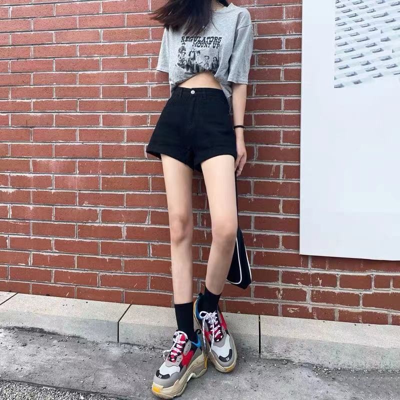 黑色高腰牛仔短褲女夏新款寬松闊腿顯瘦a字熱褲子辣妹風ins潮-細節圖3