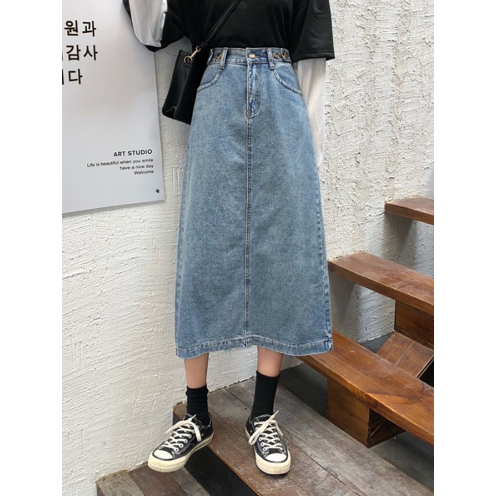 牛仔半身裙女春夏新款ins復古風中長款開叉高腰顯瘦遮胯a字裙-細節圖2