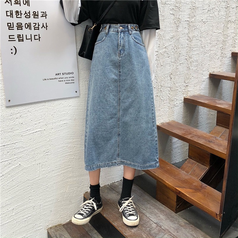 牛仔半身裙女春夏新款ins復古風中長款開叉高腰顯瘦遮胯a字裙-細節圖10