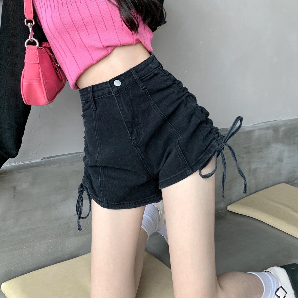 女士牛仔褲子夏天薄款年新款短褲高腰褶皺顯瘦辣妹熱褲闊腿褲-細節圖2