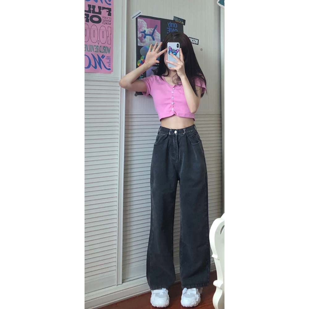 復古學生設計感高腰顯瘦牛仔褲女夏天薄款闊腿褲百搭長褲休閑褲子-細節圖2