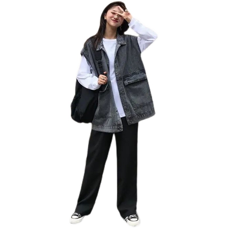 秋冬季牛仔馬甲女寬松韓版學生百搭bf工裝無袖坎肩外穿馬夾外套潮-細節圖5