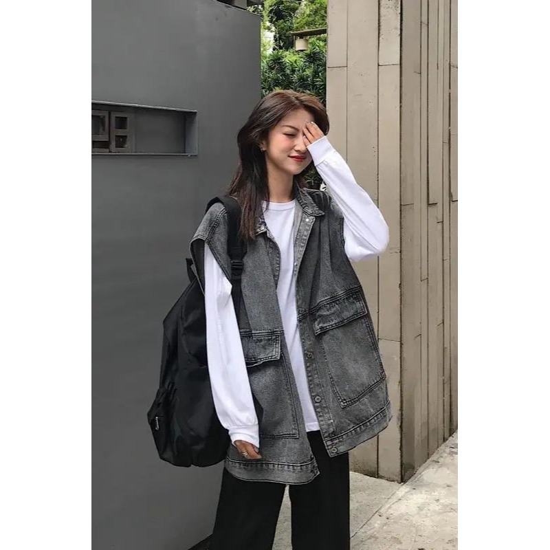 秋冬季牛仔馬甲女寬松韓版學生百搭bf工裝無袖坎肩外穿馬夾外套潮-細節圖6