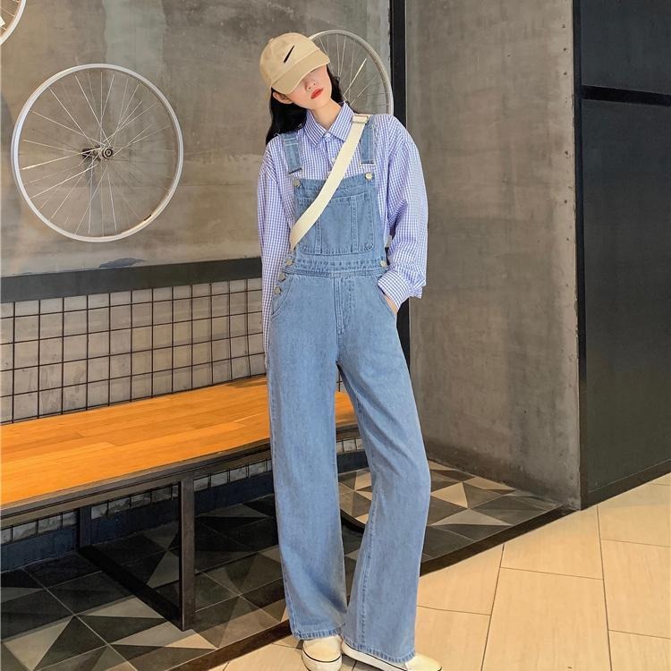 高腰闊腿背帶褲女新款春秋韓版寬松顯瘦直筒牛仔連體褲長褲潮-細節圖7