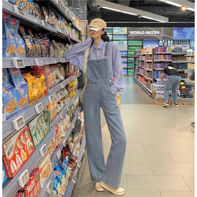 高腰闊腿背帶褲女新款春秋韓版寬松顯瘦直筒牛仔連體褲長褲潮-細節圖9