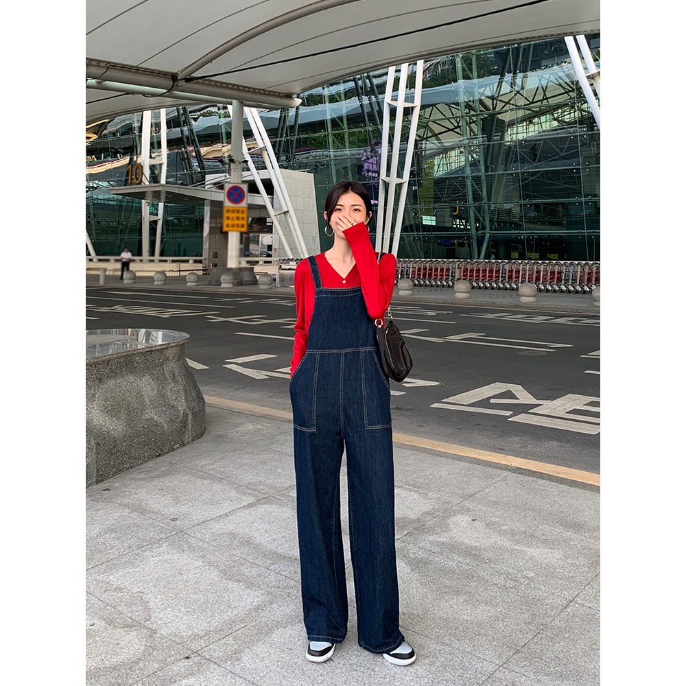 牛仔背帶褲女減齡春新款寬松闊腿直筒高腰大口袋連體褲長褲-細節圖4