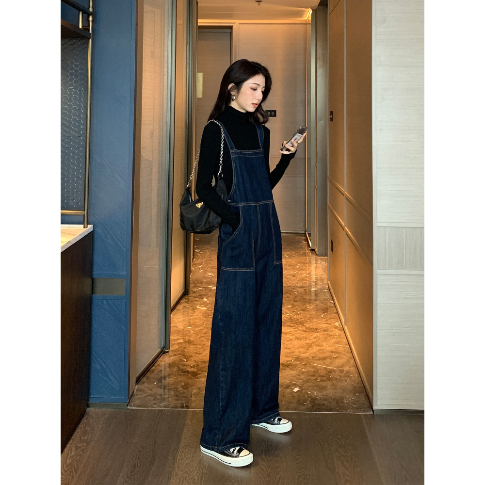 牛仔背帶褲女減齡春新款寬松闊腿直筒高腰大口袋連體褲長褲-細節圖9