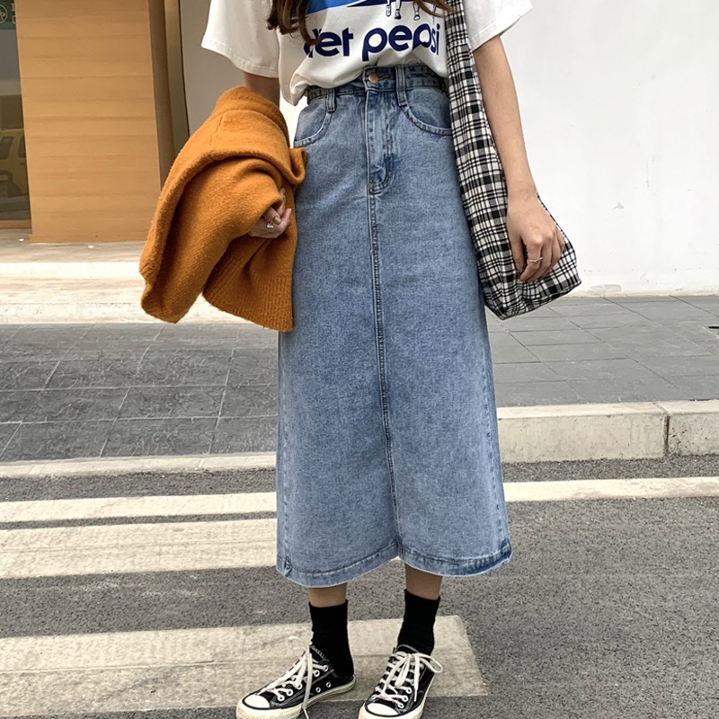 大碼黑色半身裙女秋季2020新款牛仔裙胖mm高腰A字顯瘦開叉裙子潮-細節圖2