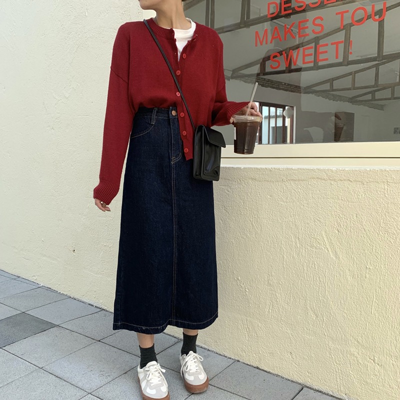 大碼黑色半身裙女秋季2020新款牛仔裙胖mm高腰A字顯瘦開叉裙子潮-細節圖4