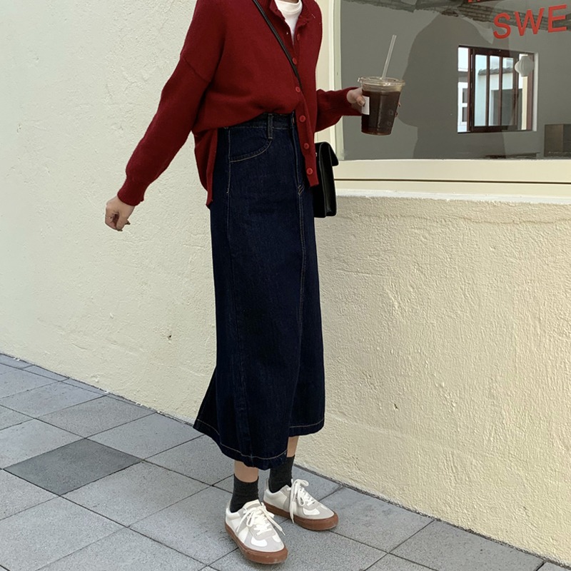大碼黑色半身裙女秋季2020新款牛仔裙胖mm高腰A字顯瘦開叉裙子潮-細節圖5