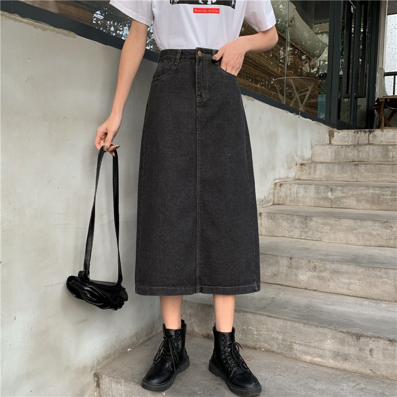 港味半身裙女春秋韓版大碼胖mm開叉牛仔裙高腰百搭A字中長裙ins秋-細節圖2
