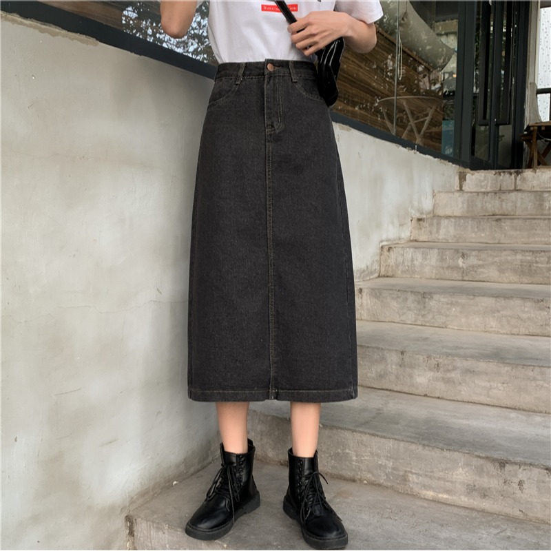港味半身裙女春秋韓版大碼胖mm開叉牛仔裙高腰百搭A字中長裙ins秋-細節圖3