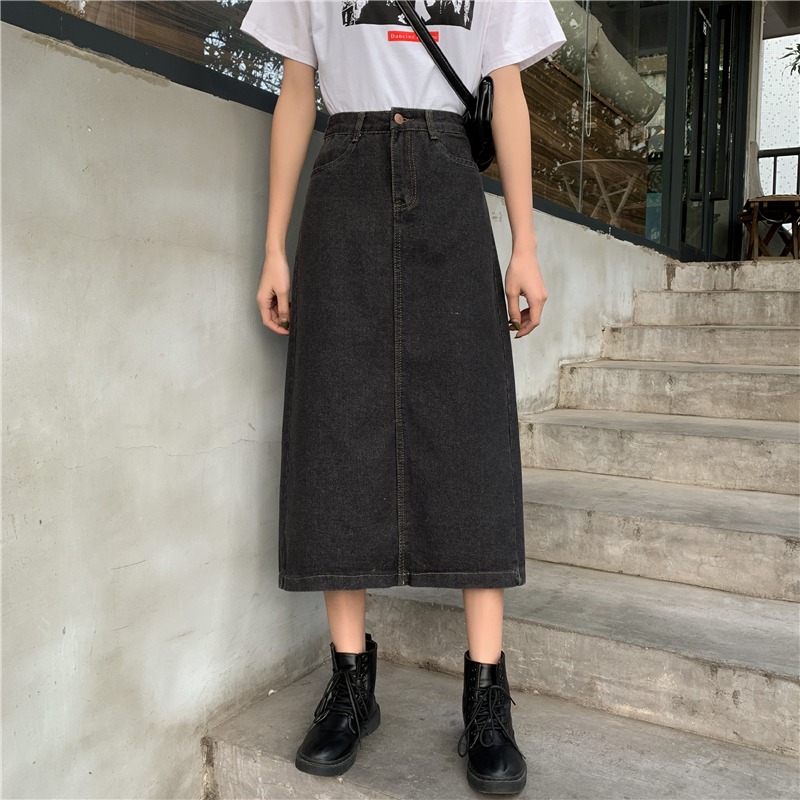 港味半身裙女春秋韓版大碼胖mm開叉牛仔裙高腰百搭A字中長裙ins秋-細節圖4