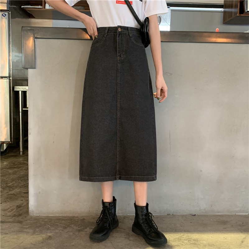 港味半身裙女春秋韓版大碼胖mm開叉牛仔裙高腰百搭A字中長裙ins秋-細節圖7