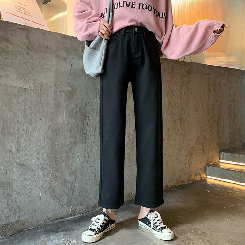 春秋韓版chic復古百搭高腰直筒闊腿褲女學生顯瘦寬松闊腿九分褲潮-細節圖2