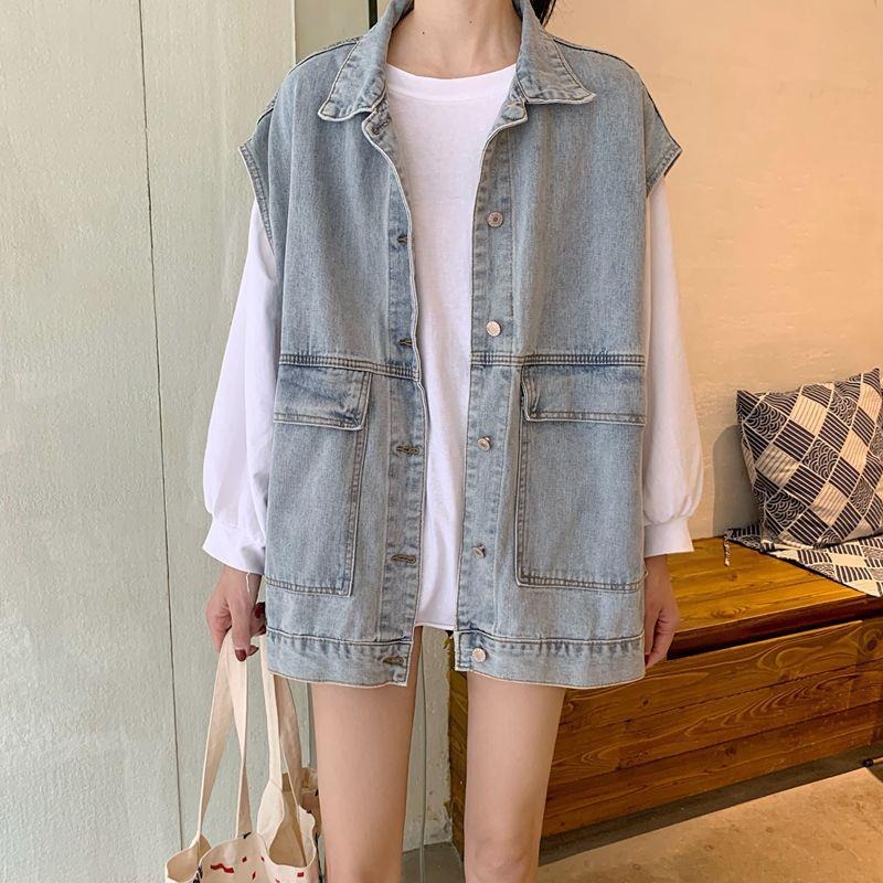 ins工裝馬甲牛仔外套女春秋外穿港風百搭寬松無袖坎肩初秋馬夾潮-細節圖2