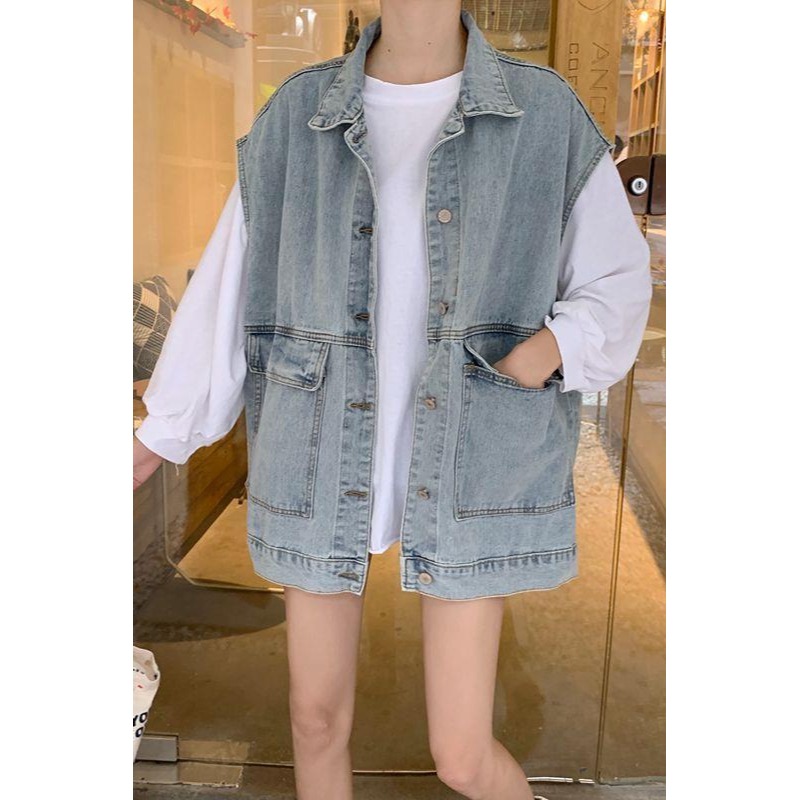 ins工裝馬甲牛仔外套女春秋外穿港風百搭寬松無袖坎肩初秋馬夾潮-細節圖6