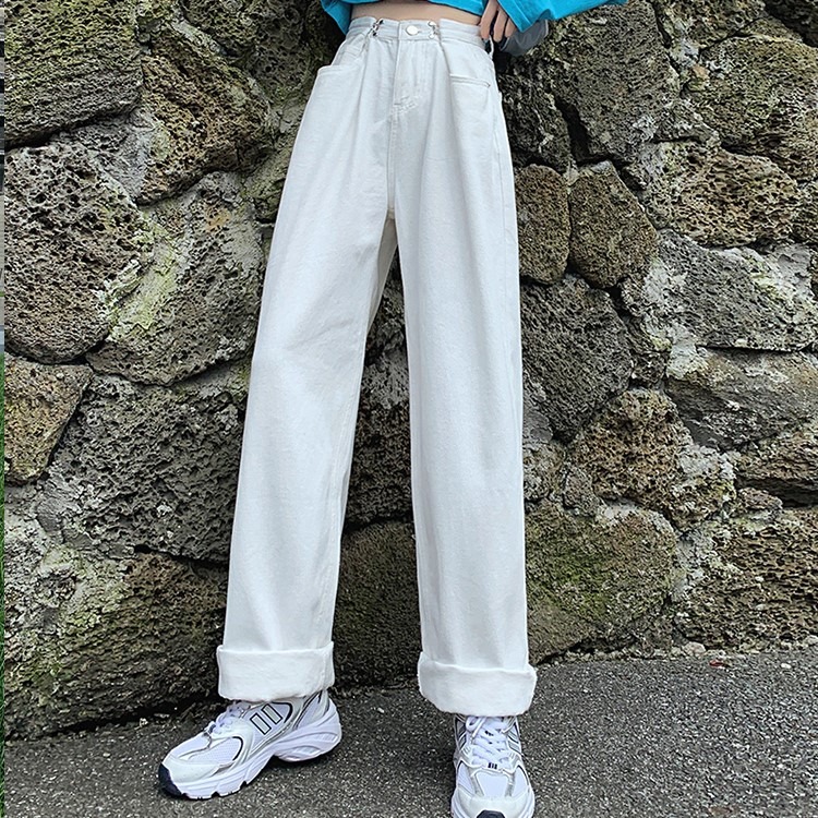 掛鉤釦子寬松白色牛仔褲女2020秋季高腰直筒拖地長褲牛仔闊腿褲子-細節圖3