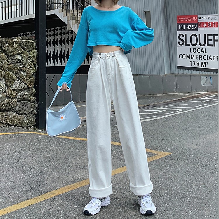 掛鉤釦子寬松白色牛仔褲女2020秋季高腰直筒拖地長褲牛仔闊腿褲子-細節圖5