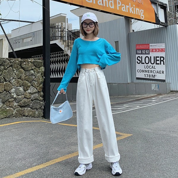 掛鉤釦子寬松白色牛仔褲女2020秋季高腰直筒拖地長褲牛仔闊腿褲子-細節圖7