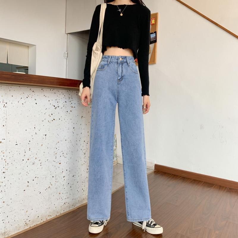 淺色高腰闊腿牛仔褲女夏季拖地長褲2020新款休閑寬松顯瘦直筒褲子-細節圖2