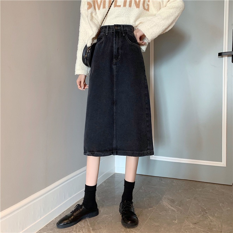 牛仔開叉半身裙秋冬女中長款2020新款韓版高腰顯瘦a字黑色包臀裙-細節圖4