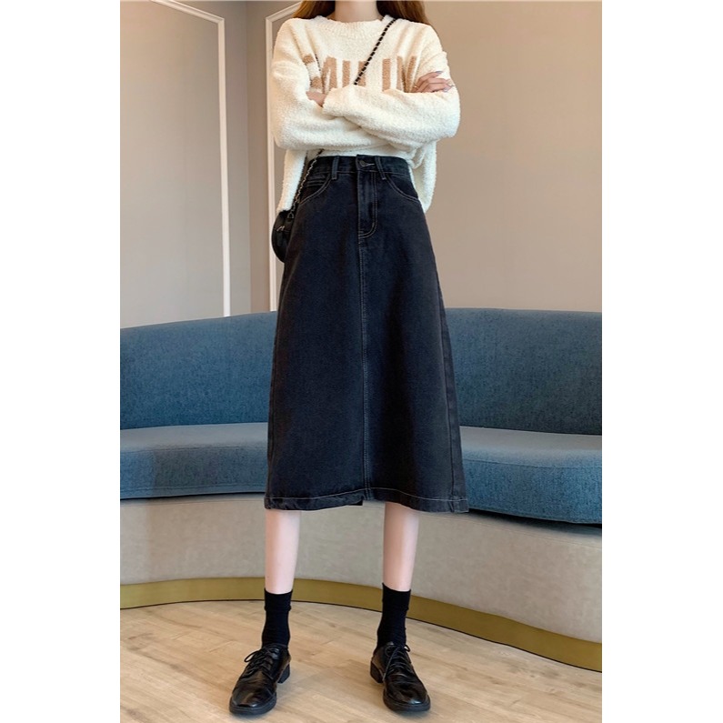 牛仔開叉半身裙秋冬女中長款2020新款韓版高腰顯瘦a字黑色包臀裙-細節圖6